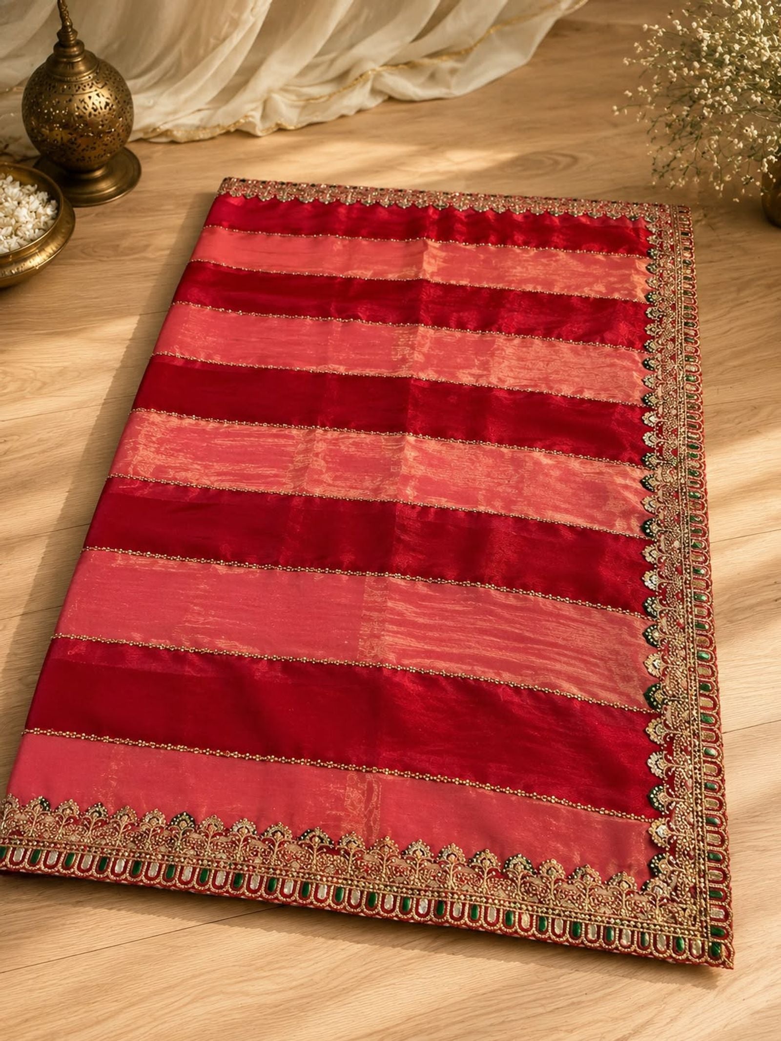 Gulabi Shringar Striped Embroidered Saree - Bollywood Silk Blend saree | Mumbai Bazar