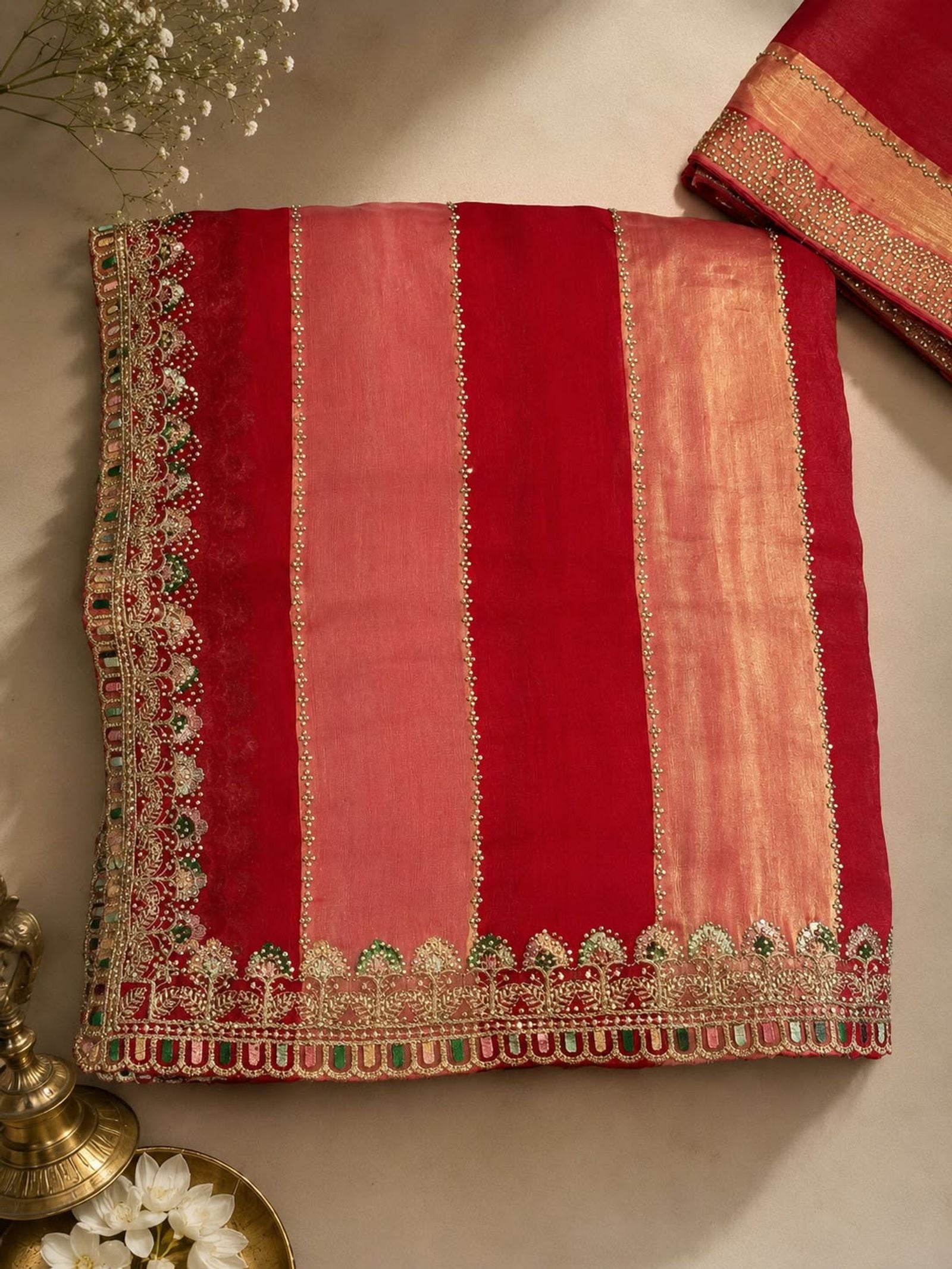 Gulabi Shringar Striped Embroidered Saree view 3