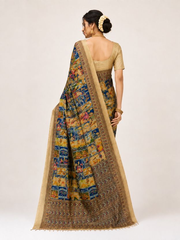 Heritage Canvas Pichwai Block Mosaic Saree - Jacquard Cotton Silk saree, palla detail | Mumbai Bazar