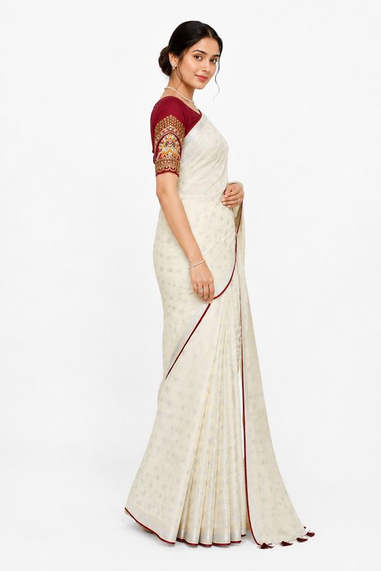 Champagne Beige Woven Saree with Embroidered Blouse view 3