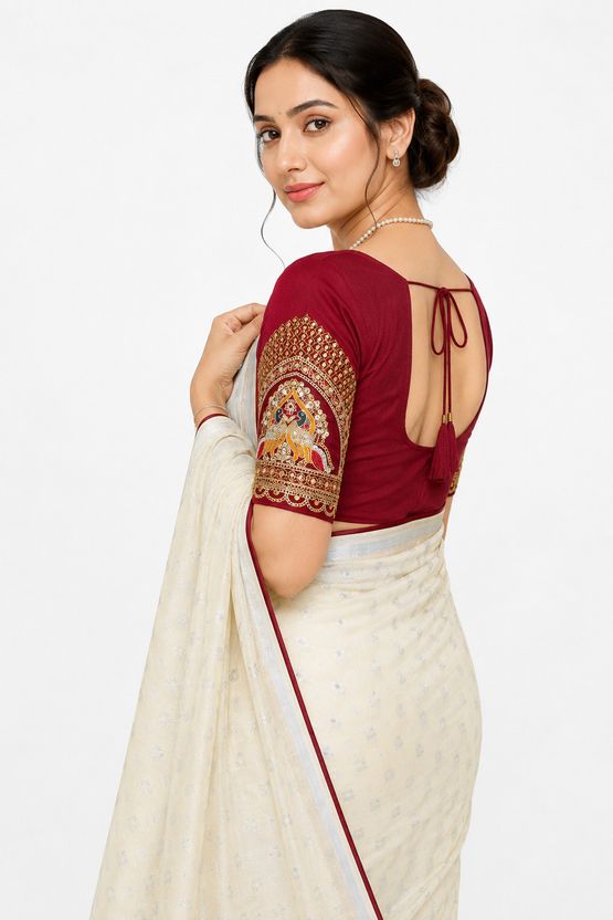 Champagne Beige Woven Saree with Embroidered Blouse view 5